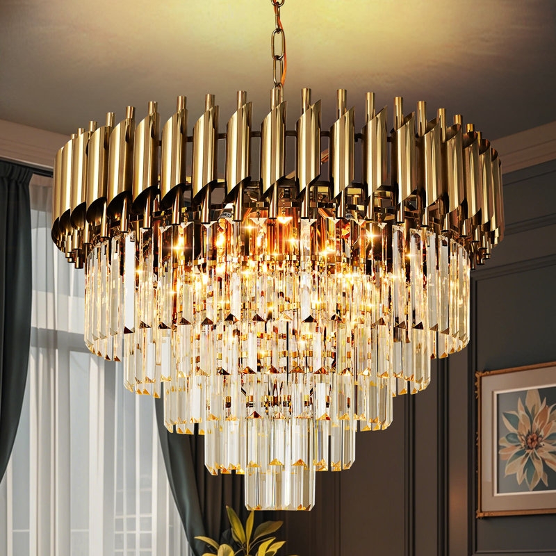 Chandelier Modern Polished Brass Two Tiered Frame Glass Prism Accents