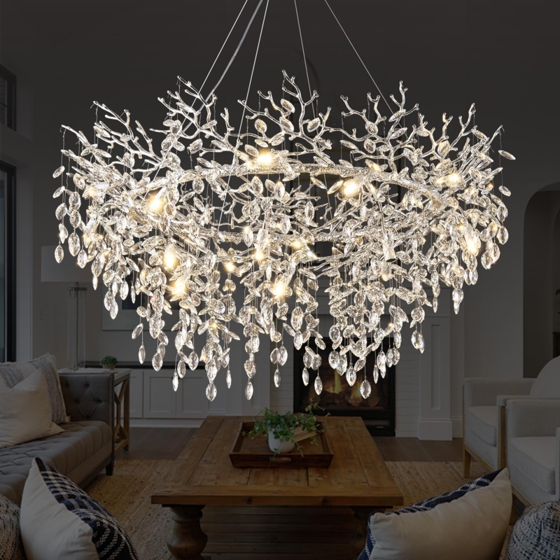 Chandelier: Modern Silver Branch Design with Crystal Droplets