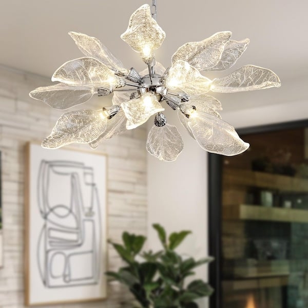 Chandelier: Modern Silver Starburst with Crystal Leaf Elements