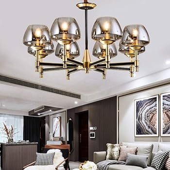 Chandelier: Modern Smoke Gray Glass Globes on Gold Branching Arms