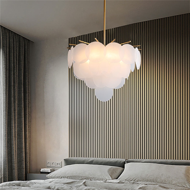 Chandelier Modern Tiered with White Glass Globes and Gold Arms