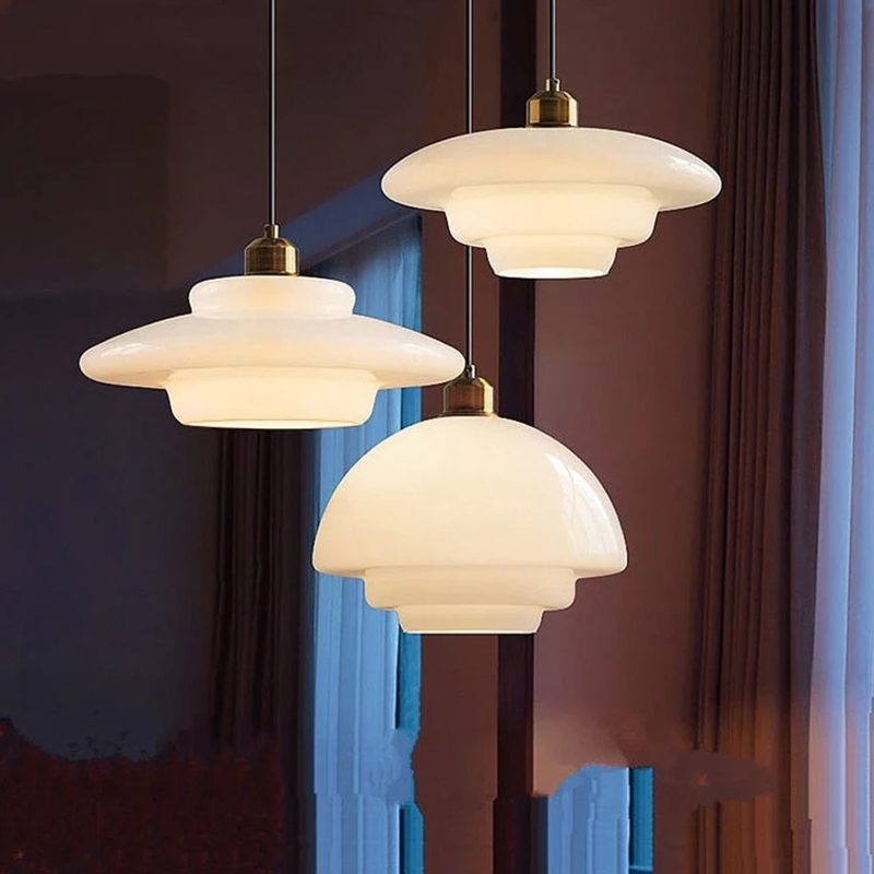 Chandelier Multi-Layered Milk White Glass Discs Brass Mid-Century