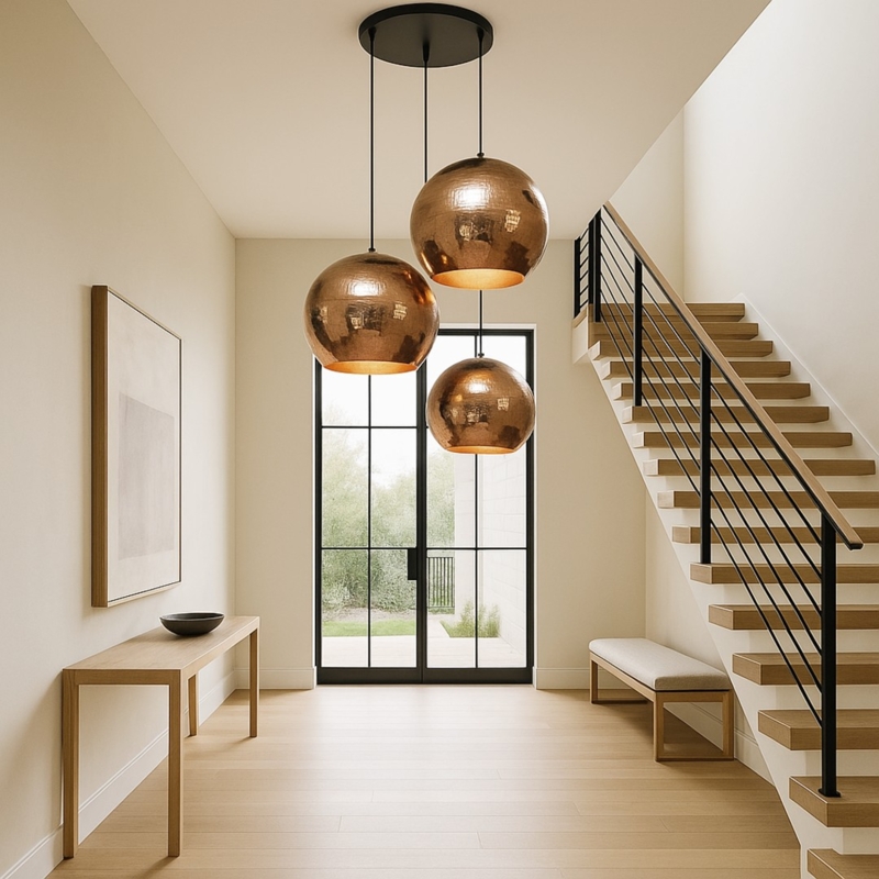 Chandelier Multi-Pendant with Polished Copper Finish and Spherical Globes