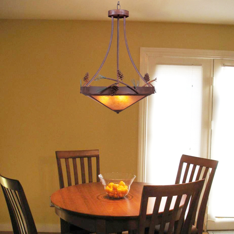 Chandelier Nature Cutouts Circular Frame Dark Bronze Knotty Pine Paneling