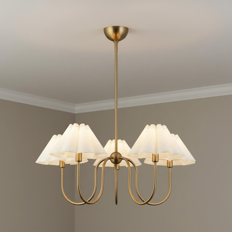 Chandelier Opal Glass Globes Brushed Brass Linear Arms Mid-Century