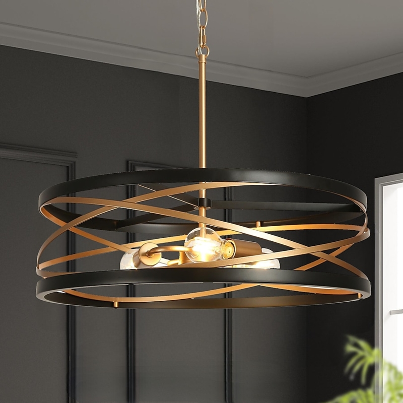 Chandelier Open Cage Matte Black Wood Toned Accent Industrial Modern