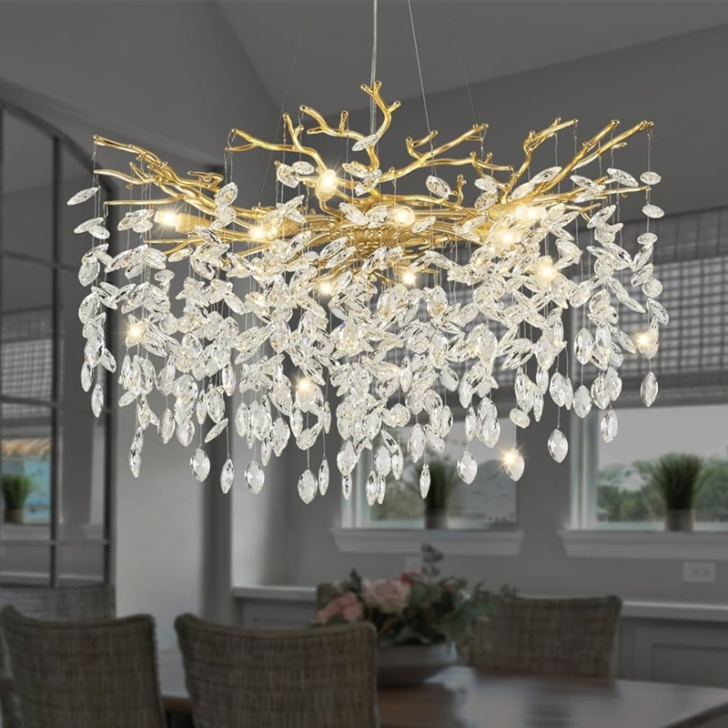 Chandelier Organic Branch Design Gold Finish Crystal Droplets