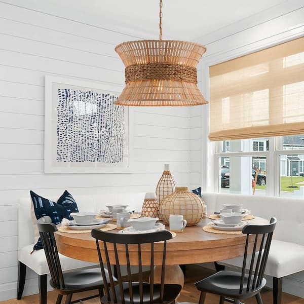 Chandelier Pendant Umber Woven Rattan Drum Shade Brass