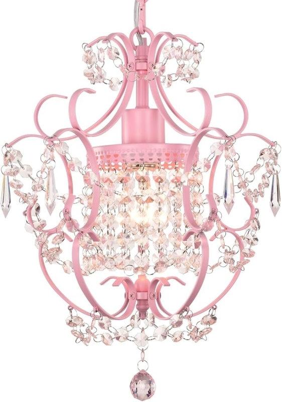 Chandelier Pink Metal Frame Scrolled Arms Mini Crystal Fixture