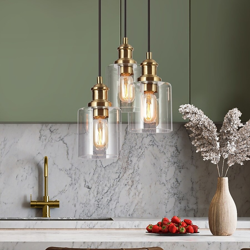Chandelier Polished Brass 3-Light Clear Cylindrical Glass