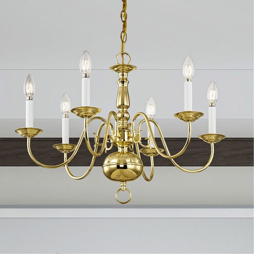 Chandelier Polished Brass 6-Light with S-Shaped Curved Arms