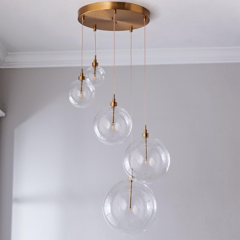 Chandelier Polished Brass Hand Blown Glass Cluster Bubble Light