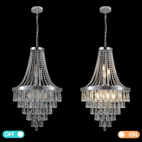 Chandelier Polished Chrome Drum Light with Tiered Faceted Crystals