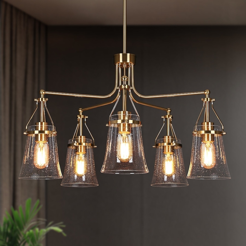 Chandelier Polished Gold 5-Light Seeded Glass Cylinders Elegant