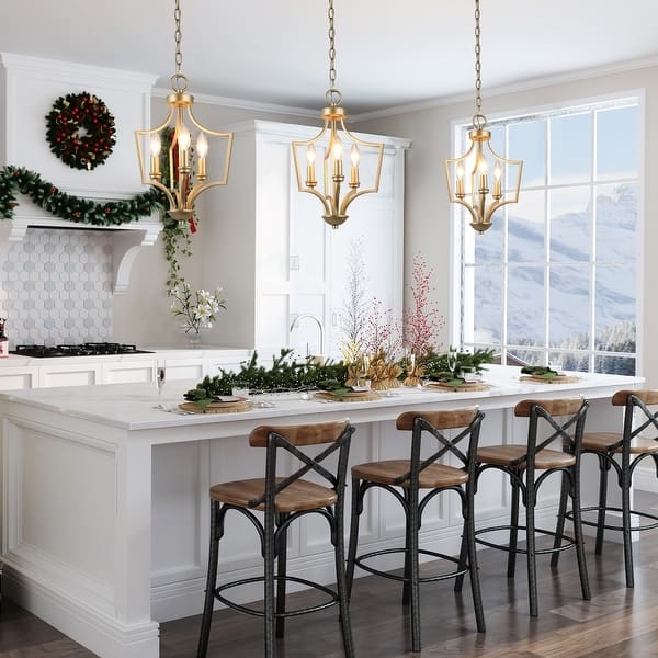 Chandelier Polished Gold Linear Three Light Geometric Cage Design