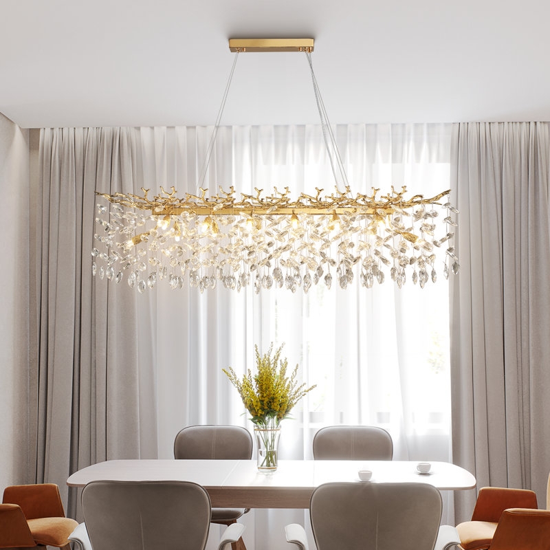 Chandelier: Polished Gold Tiered Crystal Prisms Linear Dining Light