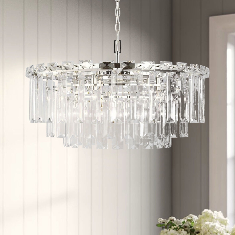 Chandelier, Polished Nickel Crystal with Tiered Droplets