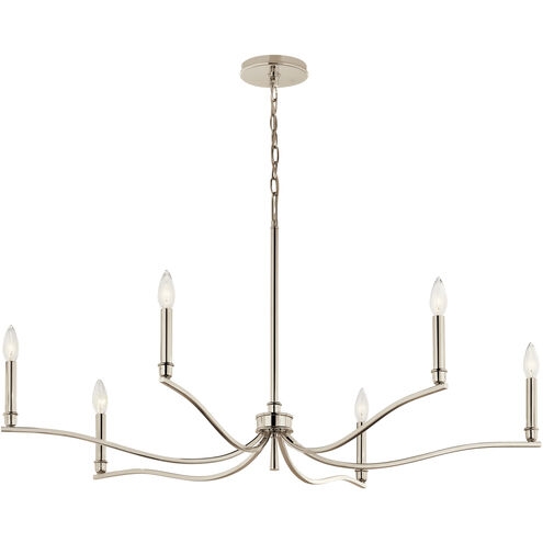 Chandelier, Polished Nickel with White Fabric Shades and Curved Arms