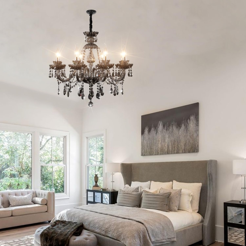 Chandelier Polished Silver Smoky Gray Crystal 6 Light Glam Traditional