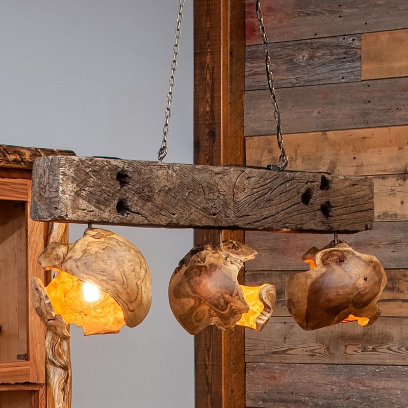 Chandelier, Reclaimed Beam Frame, Hand Carved Teak Shades, Lodge Style