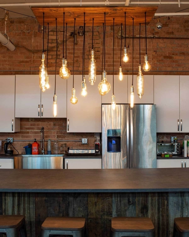 Chandelier Rectangular Dark Stained Wood Exposed Filament Bulbs
