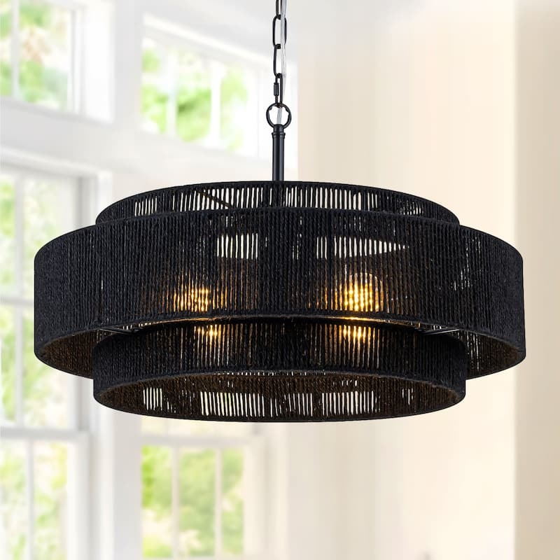 Chandelier Rectangular Frame Black Metal Hemp Rope Wrapping Rustic