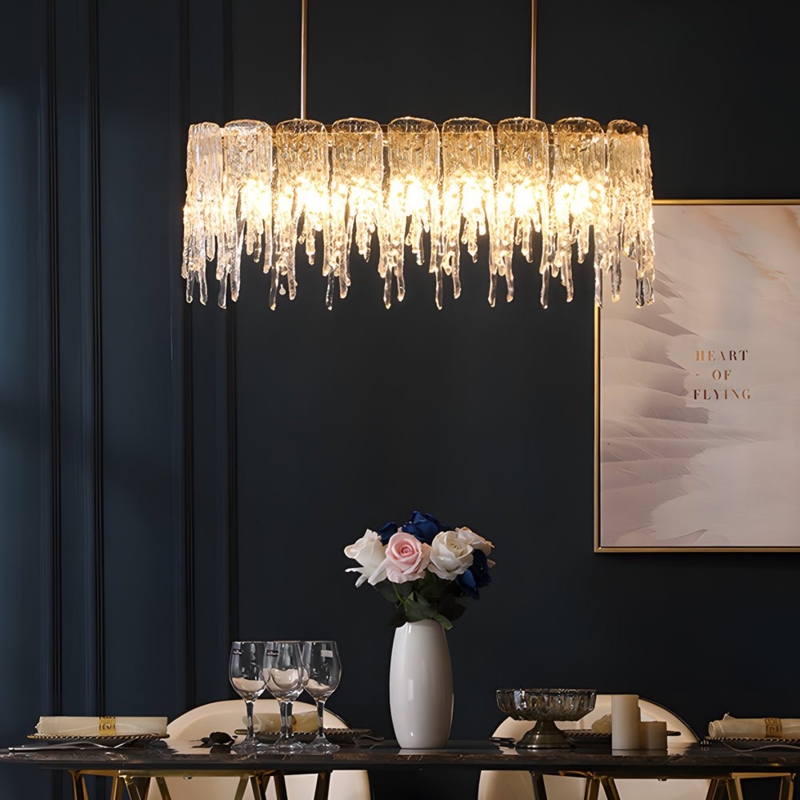 Chandelier Rectangular Gold Frame Icicle Droplets Luxury Glam