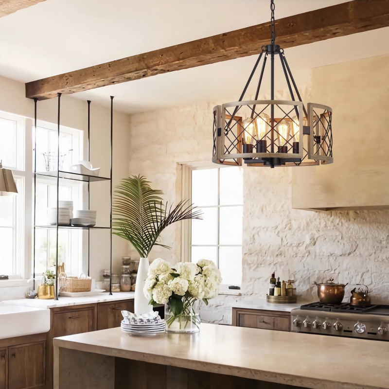 Chandelier Rectangular Weathered Grey Wood 4-Light Modern Farmhouse