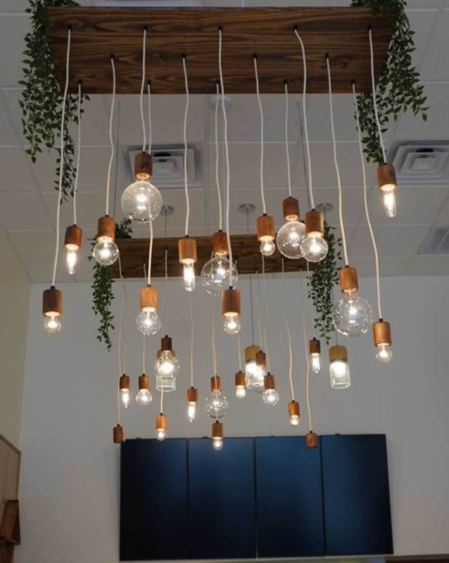 Chandelier Rectangular Wood Frame Exposed Edison Bulbs Rustic