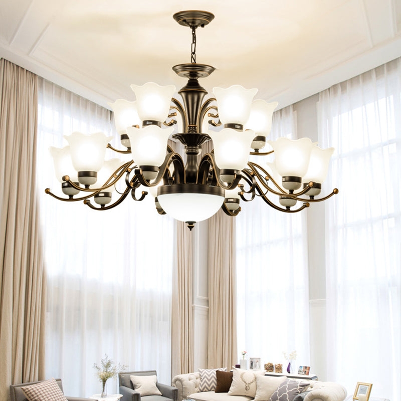 Chandelier: Retro Style Brass Curved Arms, White Floral Glass Shades