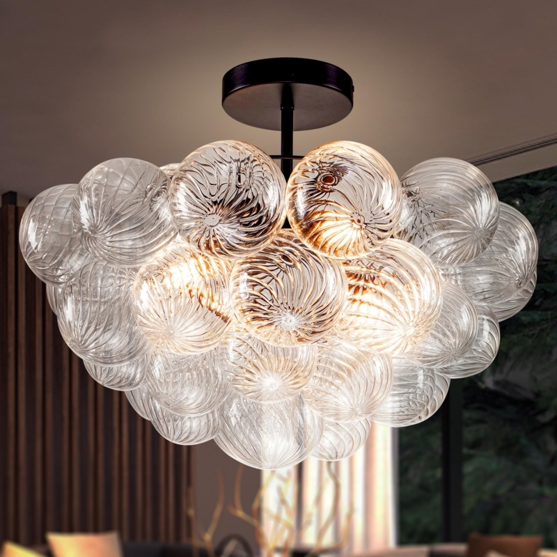 Chandelier Ribbed Glass Globes Radial Matte Black Semi-Flush