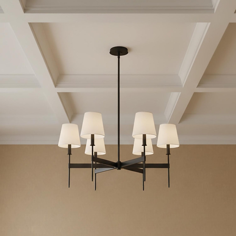 Chandelier Round Frame White Fabric Shades 6 Light Transitional