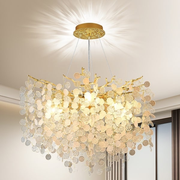 Chandelier, Round Gold Frame, Branch Structure, Crystal Droplets