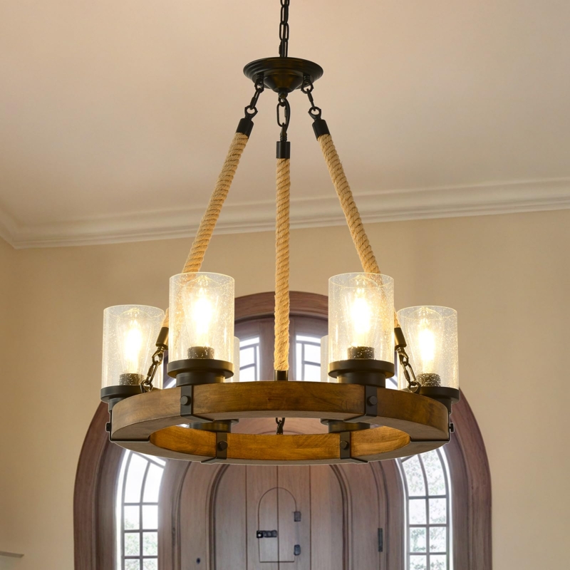 Chandelier Rustic 6-Light Wagon Wheel Design Seeded Glass Farmhouse