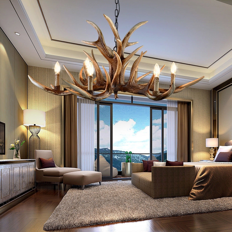 Chandelier: Rustic Farmhouse Faux Antler Design in Brown Resin Finish