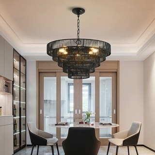 Chandelier Rustic Rope Dining Room Light 5 Tier Black Hemp Wrap