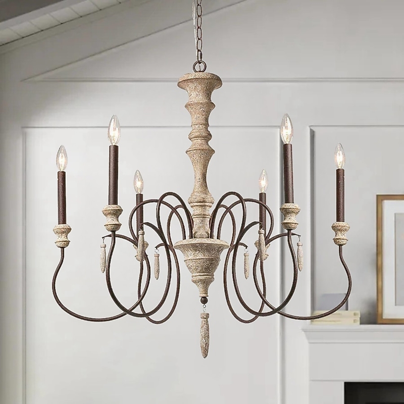 Chandelier Scrolled Arms Six Light Distressed Wood Open Frame