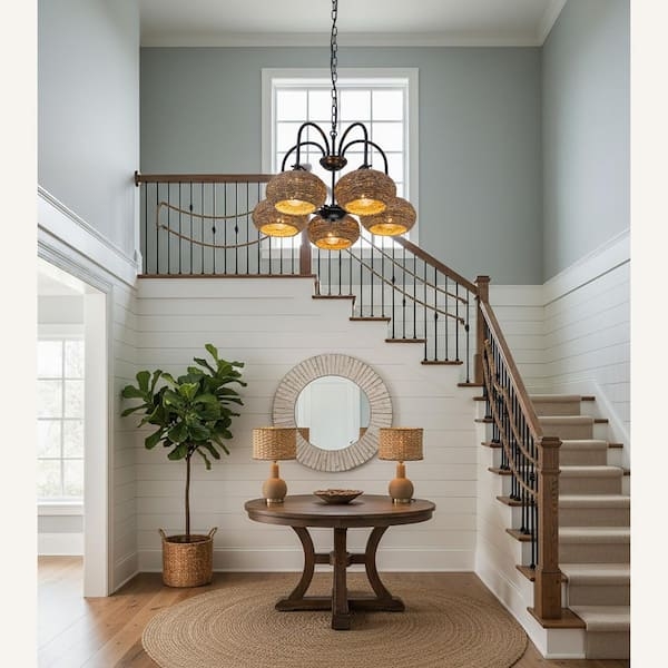 Chandelier Seagrass Woven Drum Shade Modern Farmhouse Rustic Style