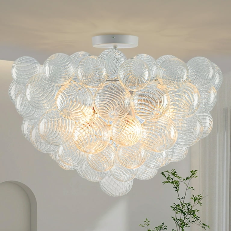 Chandelier Semi Flush Mount White And Clear Ribbed Glass Cluster Design