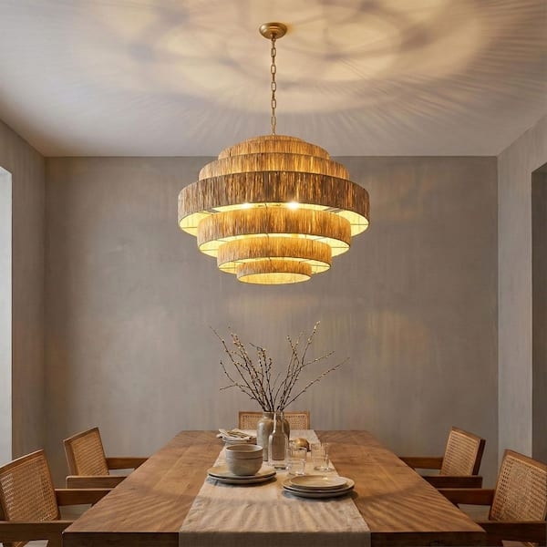 Chandelier Seven Tier Woven Paper Shade with Gold Metallic Frame