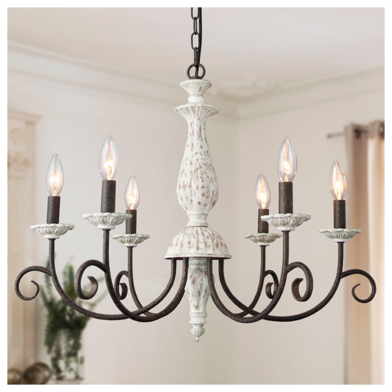 Chandelier Six Light Black Metal Distressed Wood Column Farmhouse