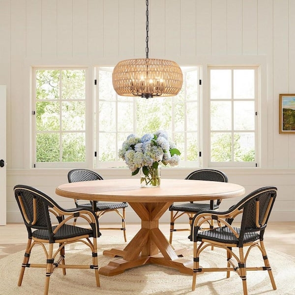 Chandelier Six Light Drum Silhouette Hemp Rope Wrap Black Metal