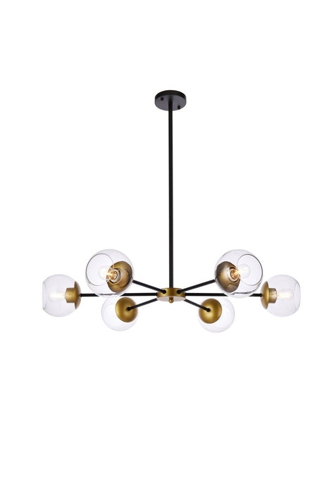Chandelier, Six Light Linear Arms with Cylindrical Glass Shades