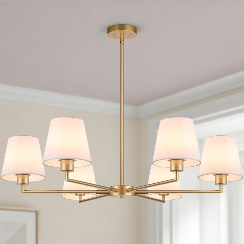 Chandelier Six Light White Fabric Shades Brushed Gold Angled Arms