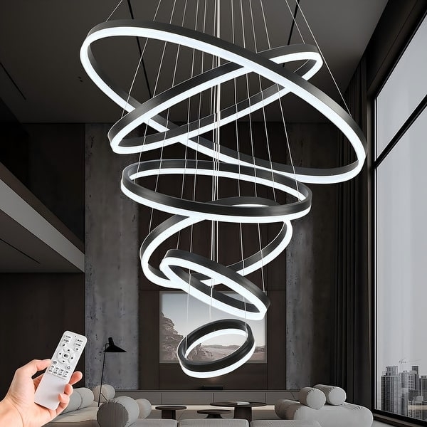 Chandelier Six Ring Design Matte Black LED Large Scale Minimalist
