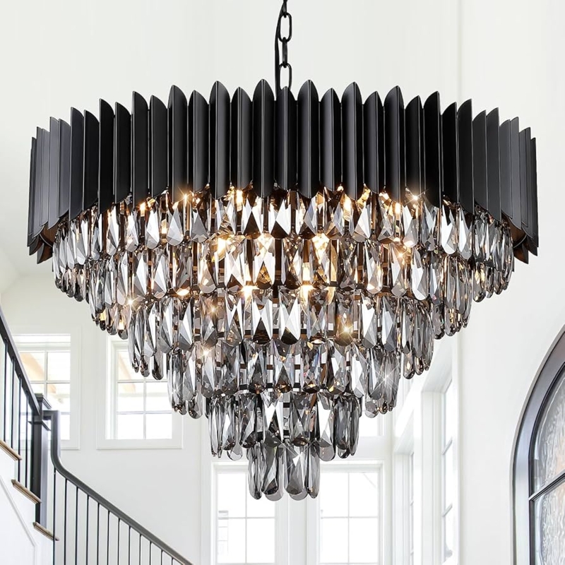 Chandelier Smoke Crystal Six Tiered Black Modern Glam Foyer