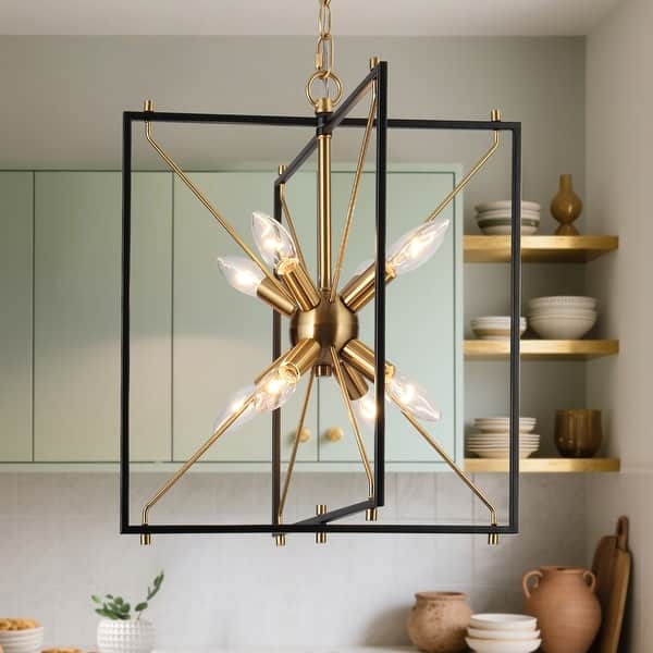 Chandelier Square Cage Sputnik Core Black Gold Contrast Eight Lights
