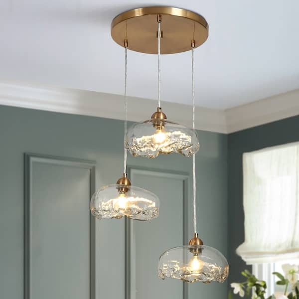 Chandelier Staggered Cluster Conical Shades Brushed Finish Dining
