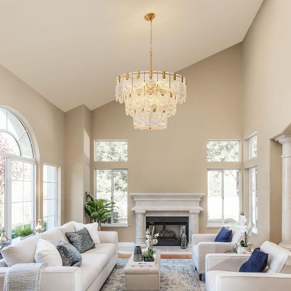 Chandelier Three-Tier Gold Ribbed Glass Rods Glam Lighting