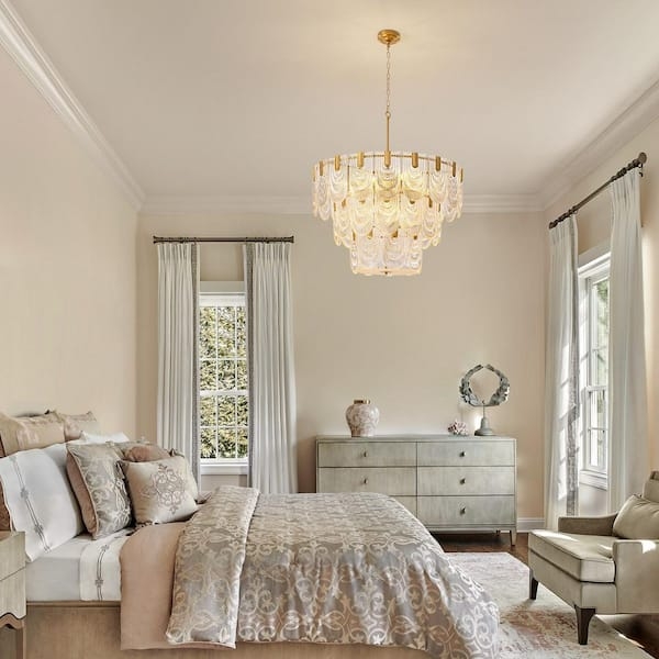 Chandelier Three-Tier Gold Vertical Glass Panels Glam Fixture